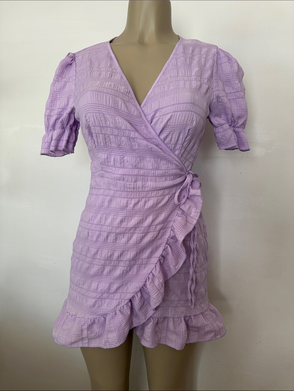 Textured Lilac Wrap Mini Dress with Ruffle Trim